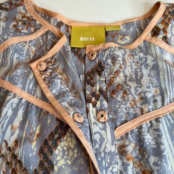 Anthropologie Maeve Silk Blouse Long Sleeve Snap Front Grey & Peach - S - Picture 7 of 7